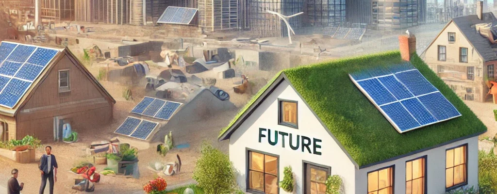 A hopeful economic future where families access interest-free financing for a sustainable home, while small businesses innovate. In the background, responsible management of speculative markets creates balance