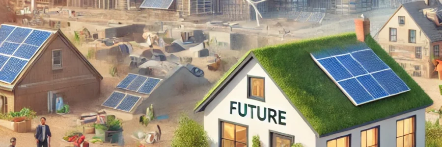 A hopeful economic future where families access interest-free financing for a sustainable home, while small businesses innovate. In the background, responsible management of speculative markets creates balance